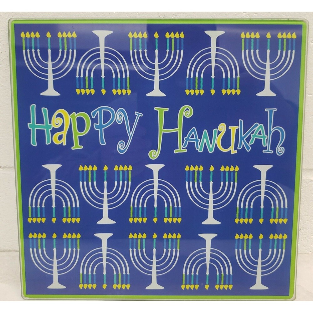 Glass Cutting Board, (approx.10"x10") square, HAPPY CHANUKAH MENORAHS